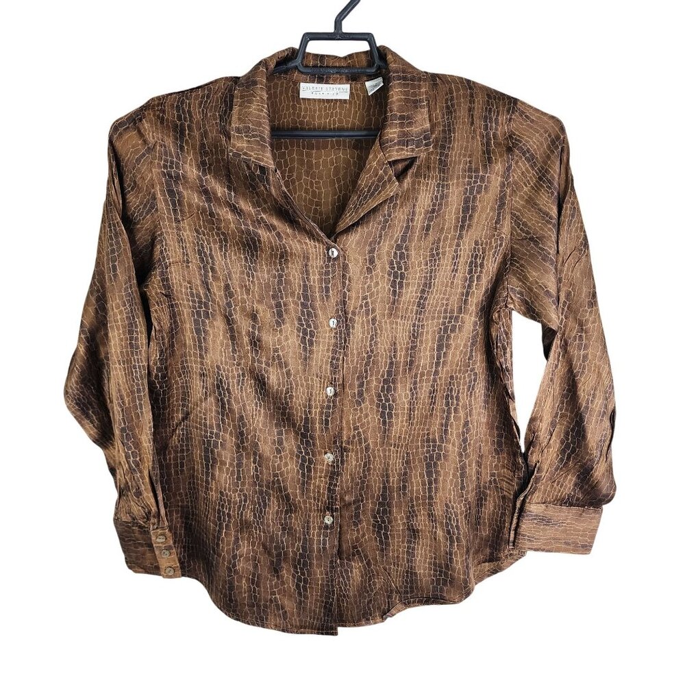 Womens Valerie Stevens Brown Animal Print Silk Shirt Button Down Long Sleeve 10